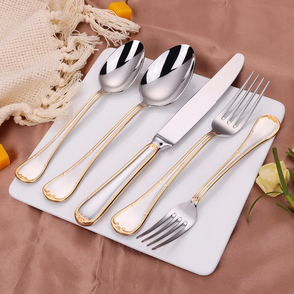 Modern Style 30 piece Set Luxury Set Royal Tableware Gold Wedding Spoon Cutlery Silver Handle Plated Stainless Steel Flatware