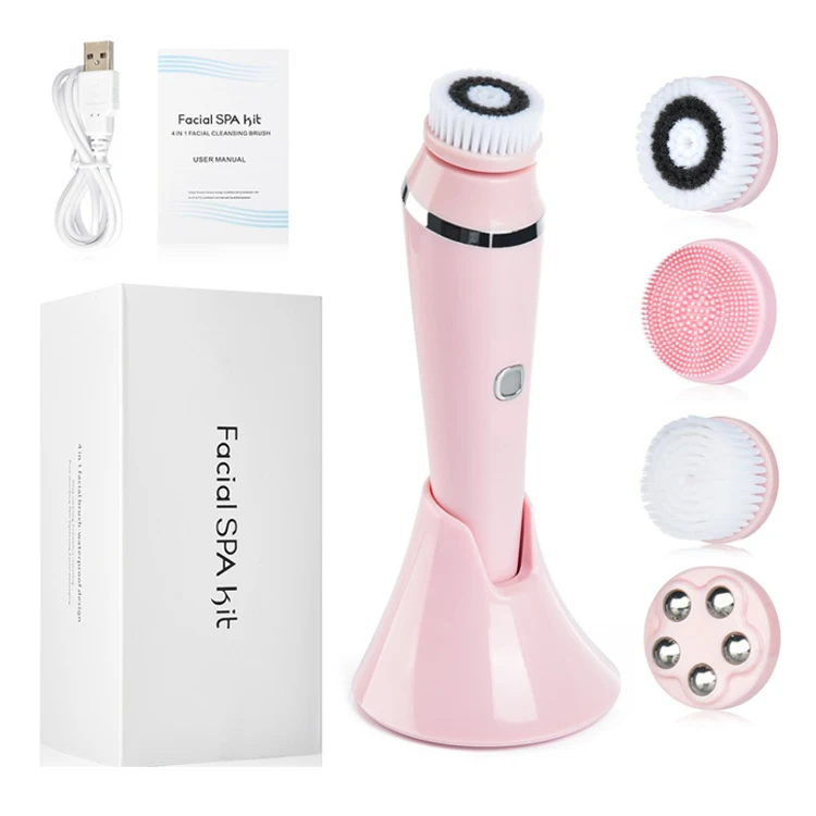 Factory New 4 head Rotational Vibration Electric silicone facial cleansing brush with Base