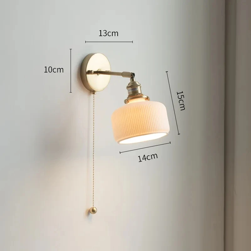 Brass Ceramic Lampshade Pull Wire Switch Swivel Sconce For Bedroom Bedside Wall Light Home Decoration Vintage Wall Lamp