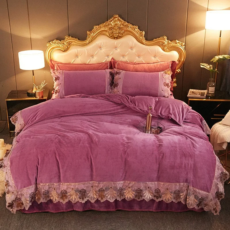 European Style Milk Velvet Comforter Sets Wholesale Velvet Bed Sheet Bedding Set Purple