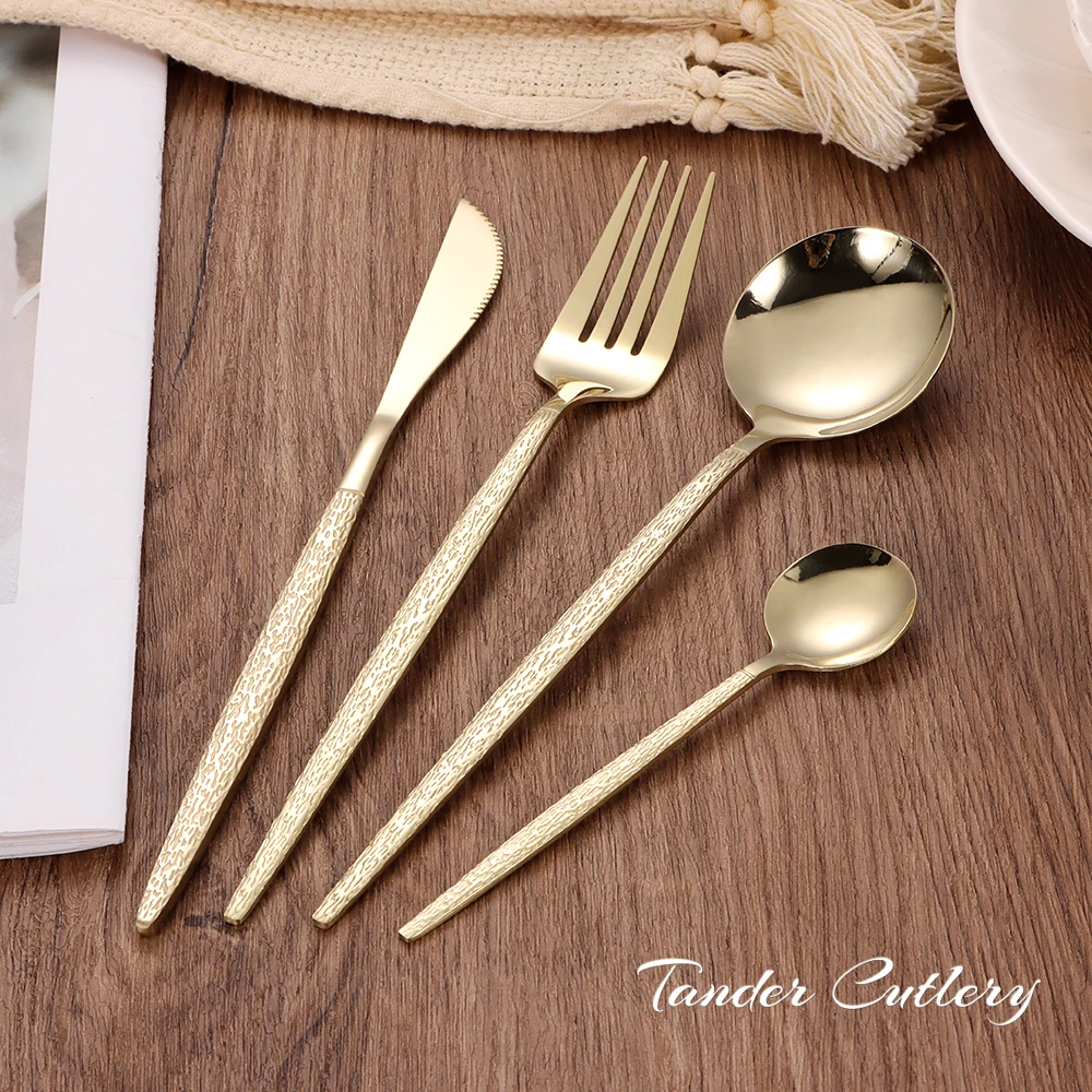 New design portuguese hammered handle tableware knife fork and spoon stainless steel gold mirror silverware cutlery set