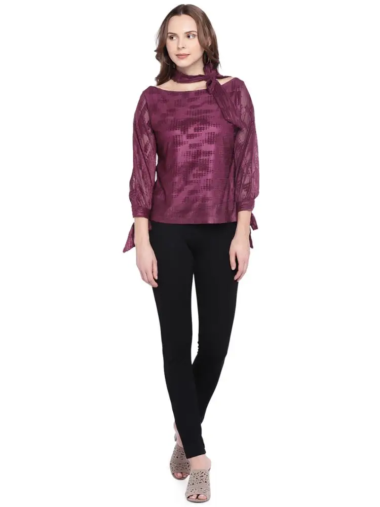 
DESIGNER TOP IN WINE WITH COLLAR AND TIE-CUFFS 