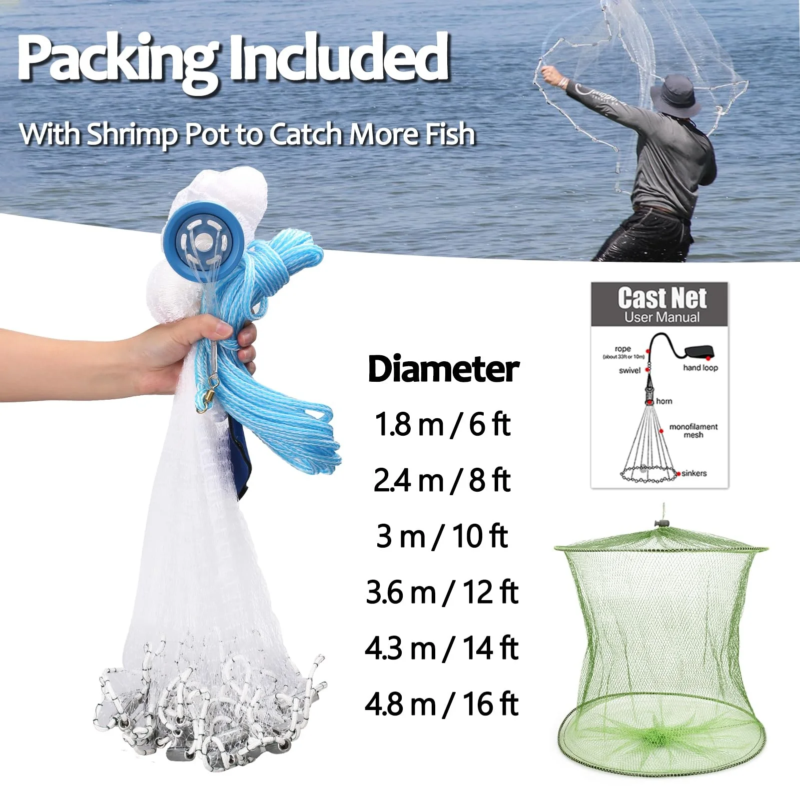 Hot Sale Fly Hand Cast Net Nylon Monofilament PP and PA Material Double and Single Knot Casting Fishing Nets