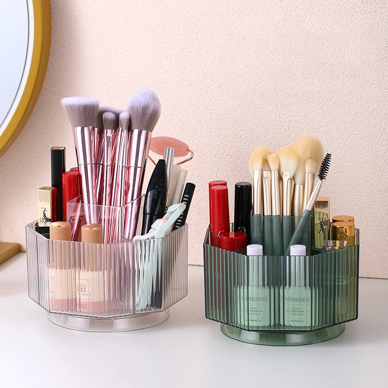 360 Rotating Transparent Makeup Brush Holder Bathroom Vanity Desktop Organizer for Lipstick Perfume Skincare Tray Pen Container