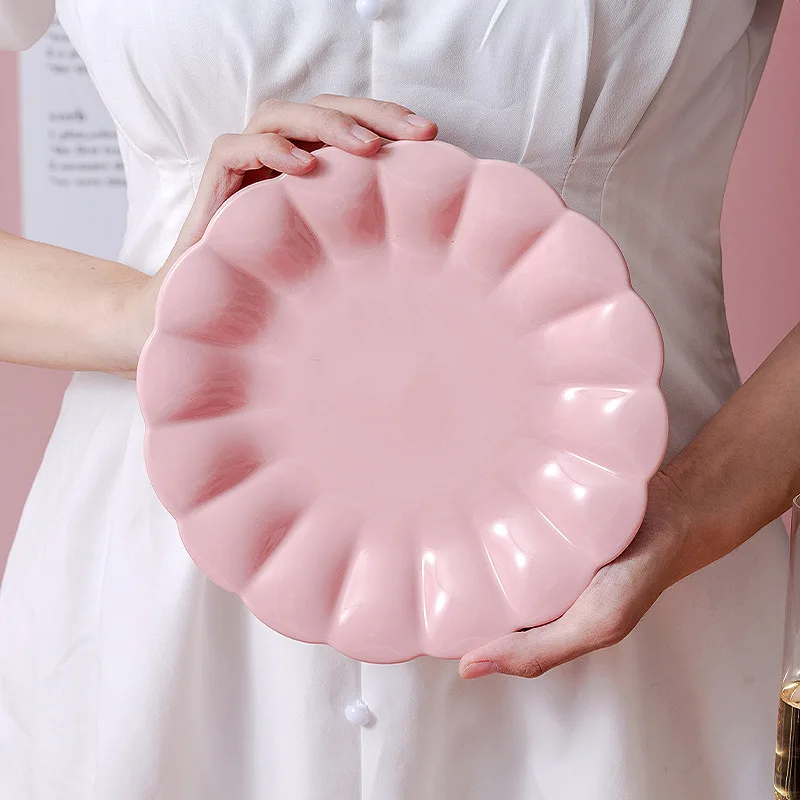 French Pink Rice Bowl And Dinner Plate Set Household Large Capacity Deep Plate Rice Cereals Bowl Romantic Style Tableware