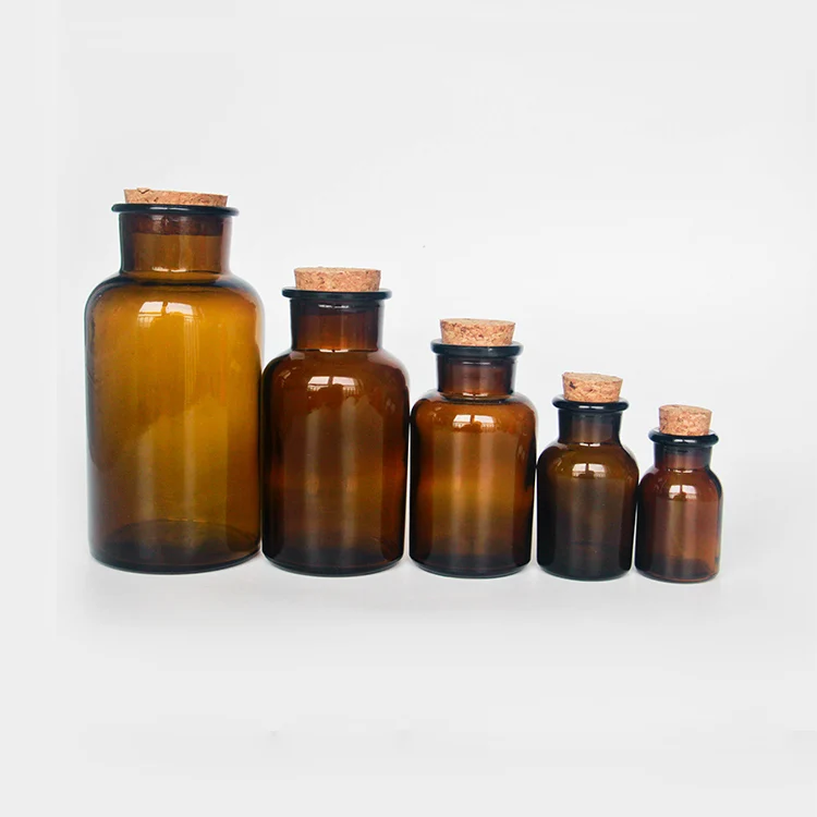 Small Amber Glass Wide Mouth Bottle Jars With Cork Stoppers Brown Colour