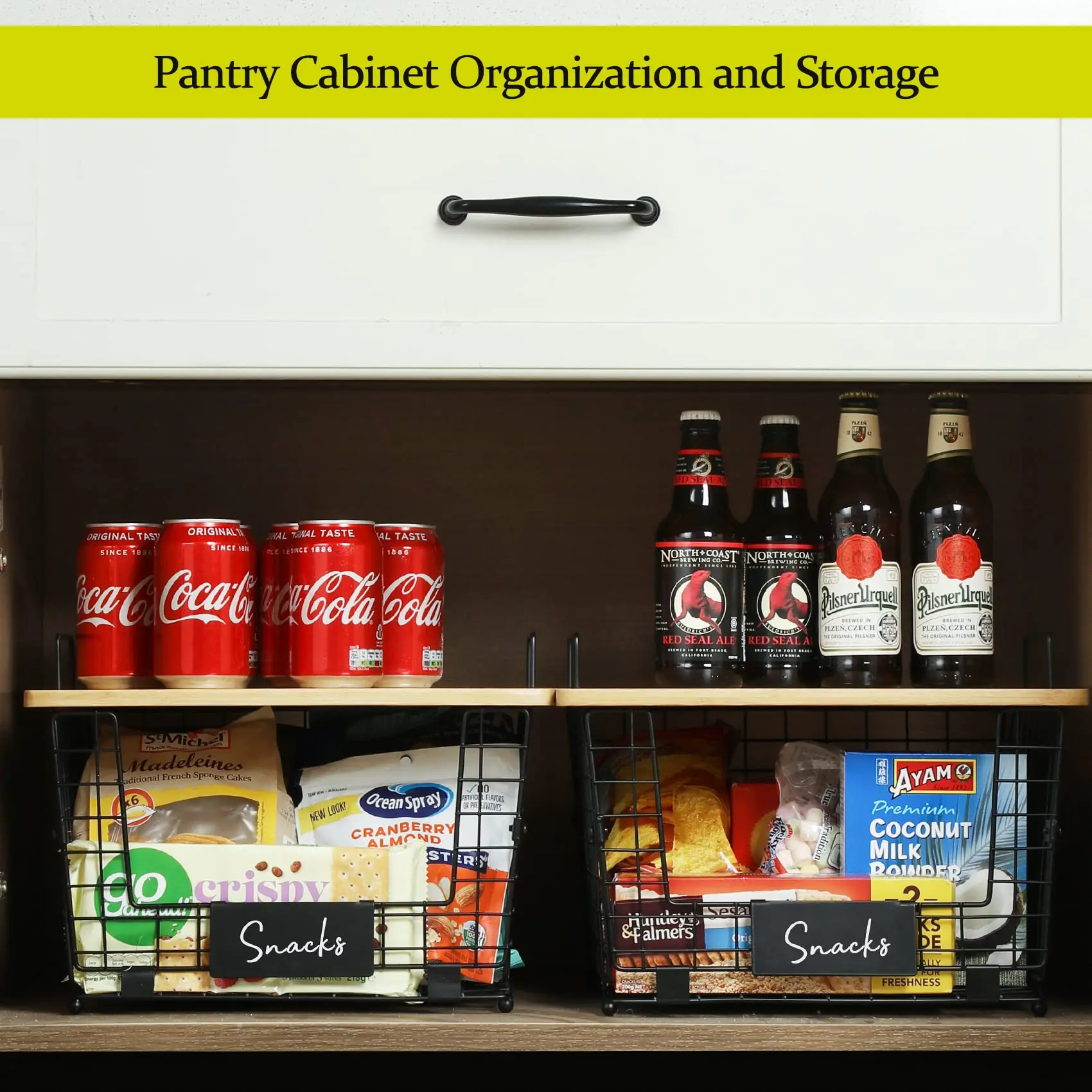 Stackable Kitchen Counter Basket with Bamboo Top Storage Wire Organizer Basket Cabinet Countertop Organizer for Fruit, Vegetable