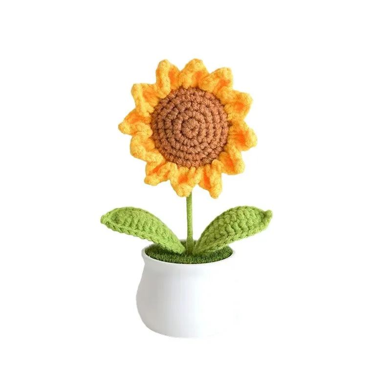 Wholesale Crochet Sunflower Flower Potted Plants For Friends Family Gift Handmade Knitting Sunflower For Home Office Decoration