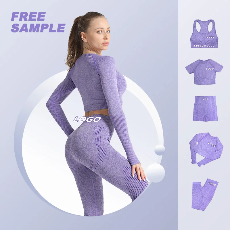 2023 Sports 5 Piece Suits Yoga Long Sleeve Shirts High Waist Running Leggings work out clothing Seamless Yoga Set Fitness Women