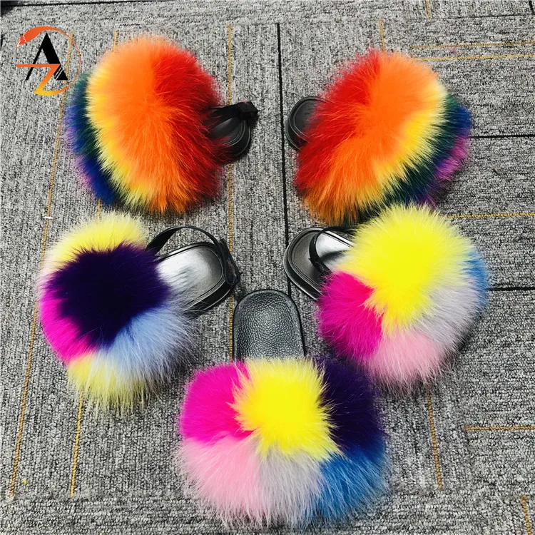 
Custom pink 100% real fur slippers sandals big fluffy women fur slides wholesale price 
