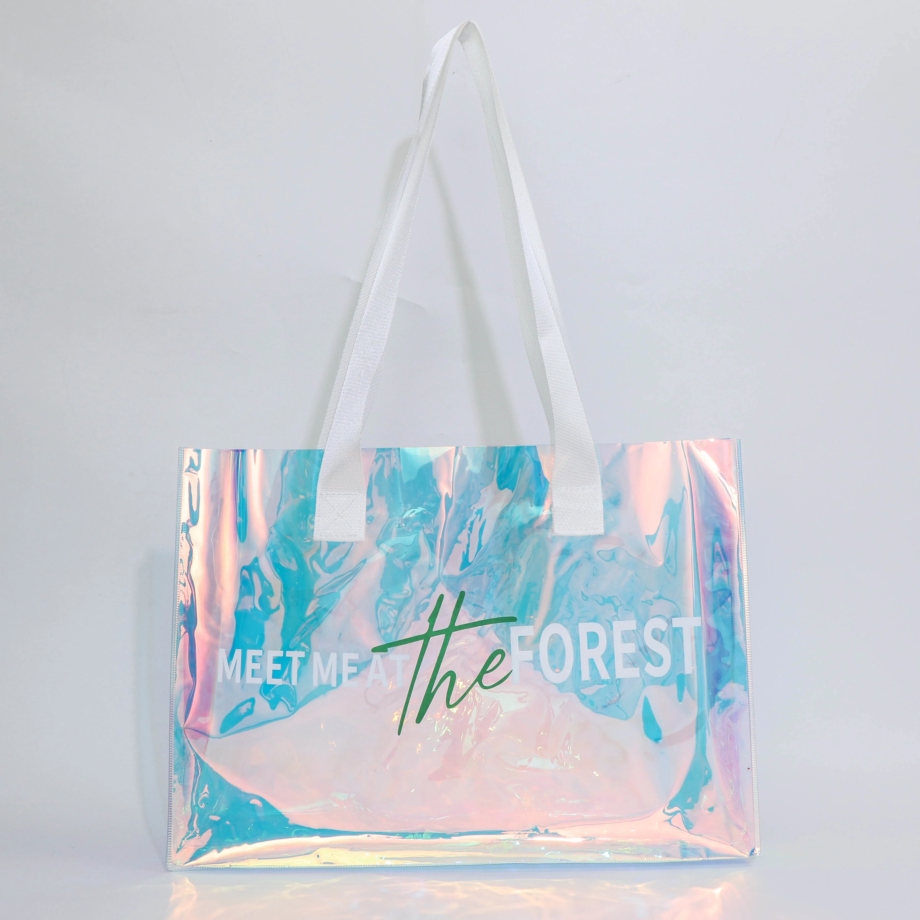 good price fashion handle pvc shopping bags womens shoulder plastic holographic tote with logo