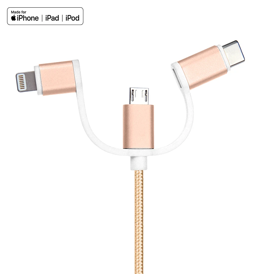 
MFi certificated Lightning & Type C & Micro Charging Cable 3 in 1 USB Charging Braided Cable for iphone ipod,Android,SANSUMG 