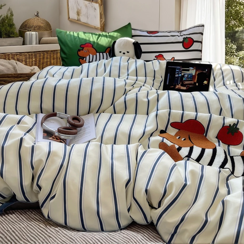 Cotton Four-Piece Scandinavian Simple Solid Colour Set Dormitory Three-Piece Washed Cotton Bed Sheet Quilt Cover