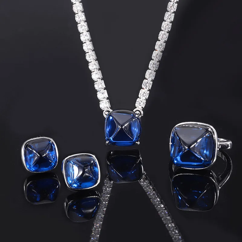 Ins Hot Selling Women Jewelry Blue CZ Sugar-loaf Cut Necklace Set Sapphire Ring 925 Silver Jewelry Set