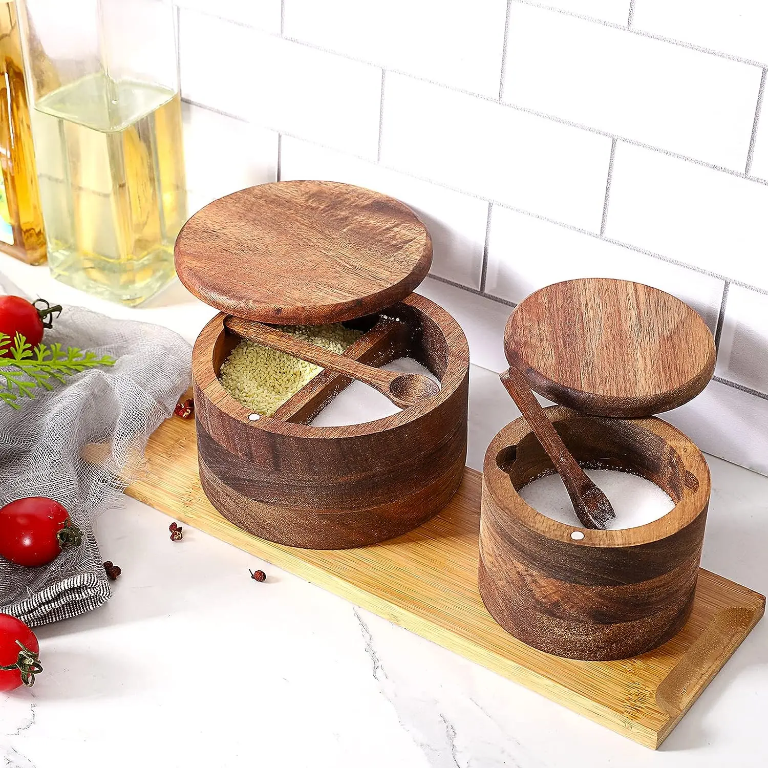 custom premium sugar bowl salt cellar box bowl wood seasoning round acacia wood salt and pepper bowl container