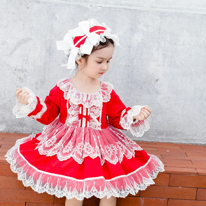 Spanish Red Lace Cute Tutu Style New Birthday Party Children Exquisite Banquet Girl Princess Lolita Lace Dress