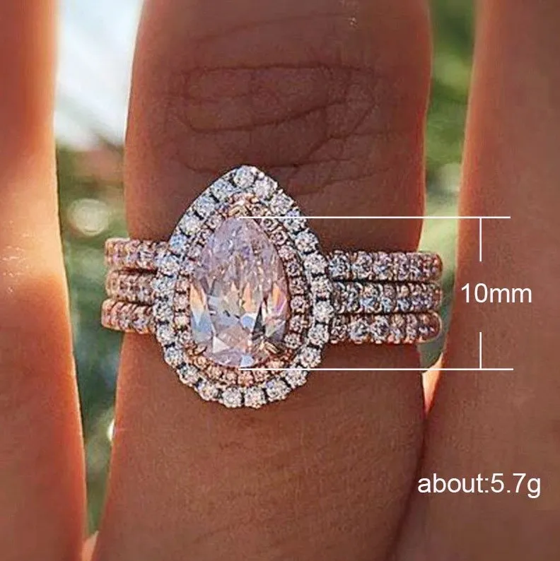 Liberty Gifts High Quality Multiple Layer pink Water Drop Full Rhinestone Ring Engagement Jewelry Finger Boutique for Women Girl