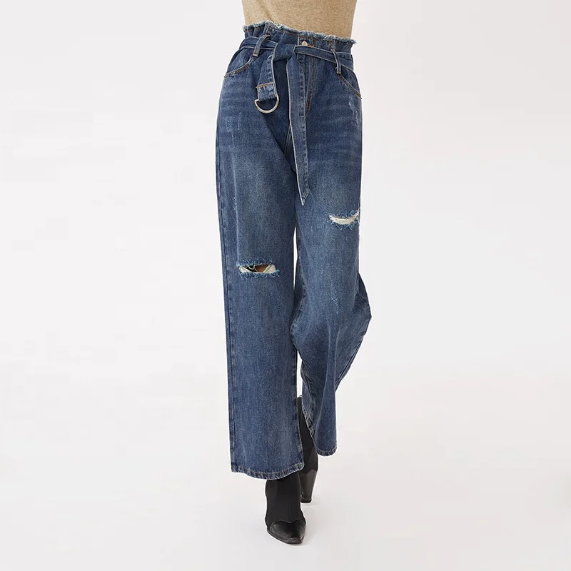 Wholesale Custom Baggy Denim Pants Blue zipped Belt Ripped Wide Leg Jeans For Women