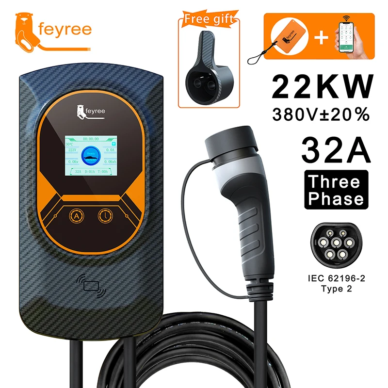 feyree  EVSE electric car charging station 32A 22kw ev charger Wallbox Type2 3 Phase  for Electric Vehicle Wifi APP Control RFID