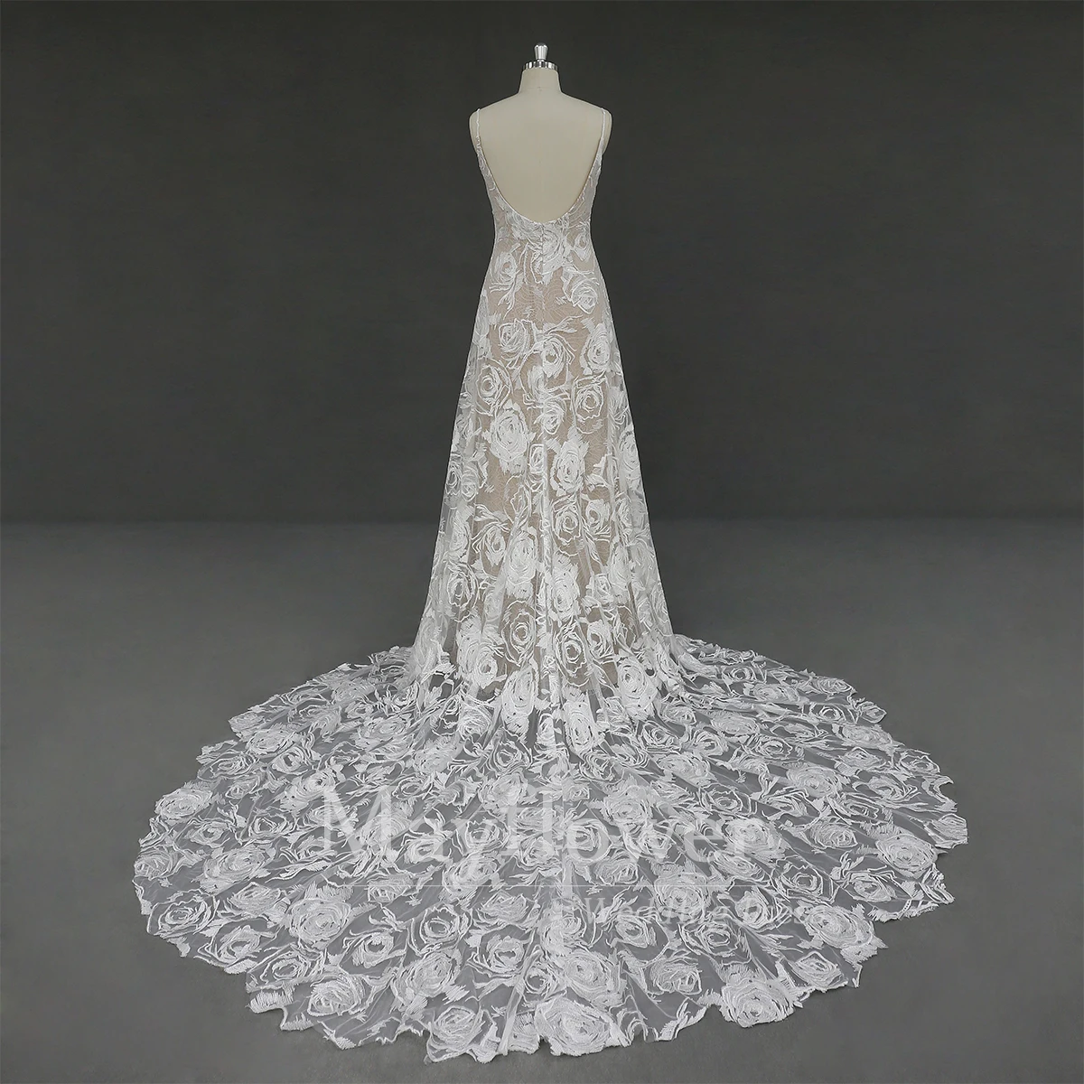 Beautiful scoop neckline bridal gown mocha floral lace wedding dress new model