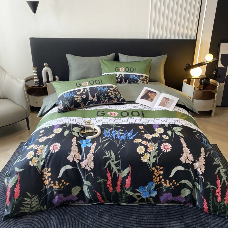 Luxury double sided natural healthy friendly printing dyeing silver cool popular lyocell tencel bedsheet bedding set