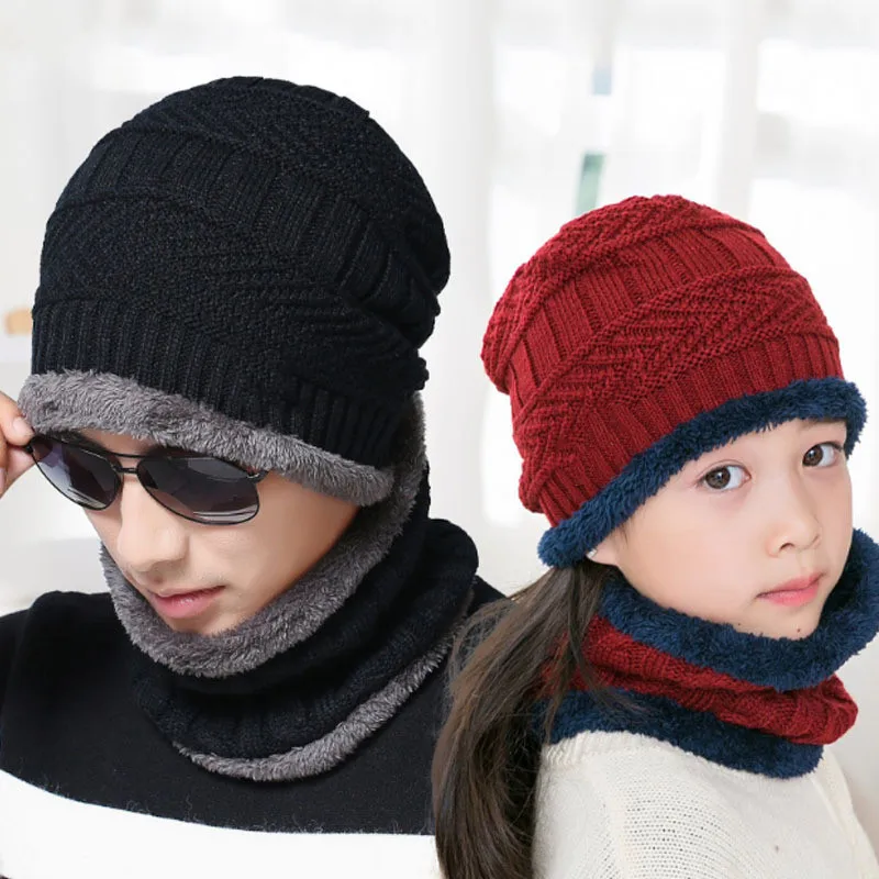 Men Warm Skullies Beanie + Scarf 2Pcs Set Winter Thicken Hat Scarf Children Windproof Knitting Caps Neck Warmer