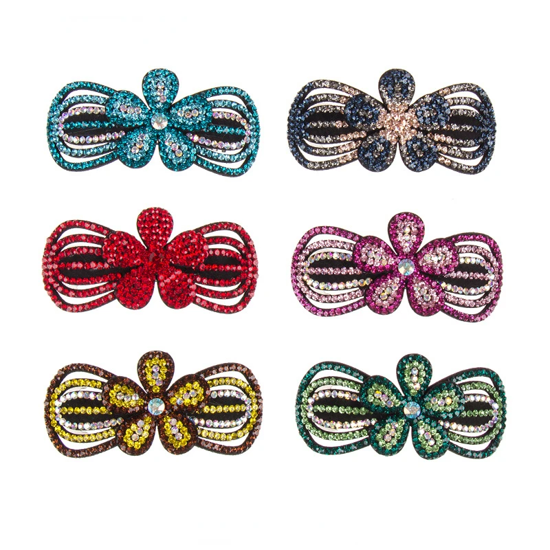 Luxury Rhinestone Flower Hairpin Full Crystal Top Clip Hair Barrette Shinny Crystal Bow Spring Hair Clip for Girls