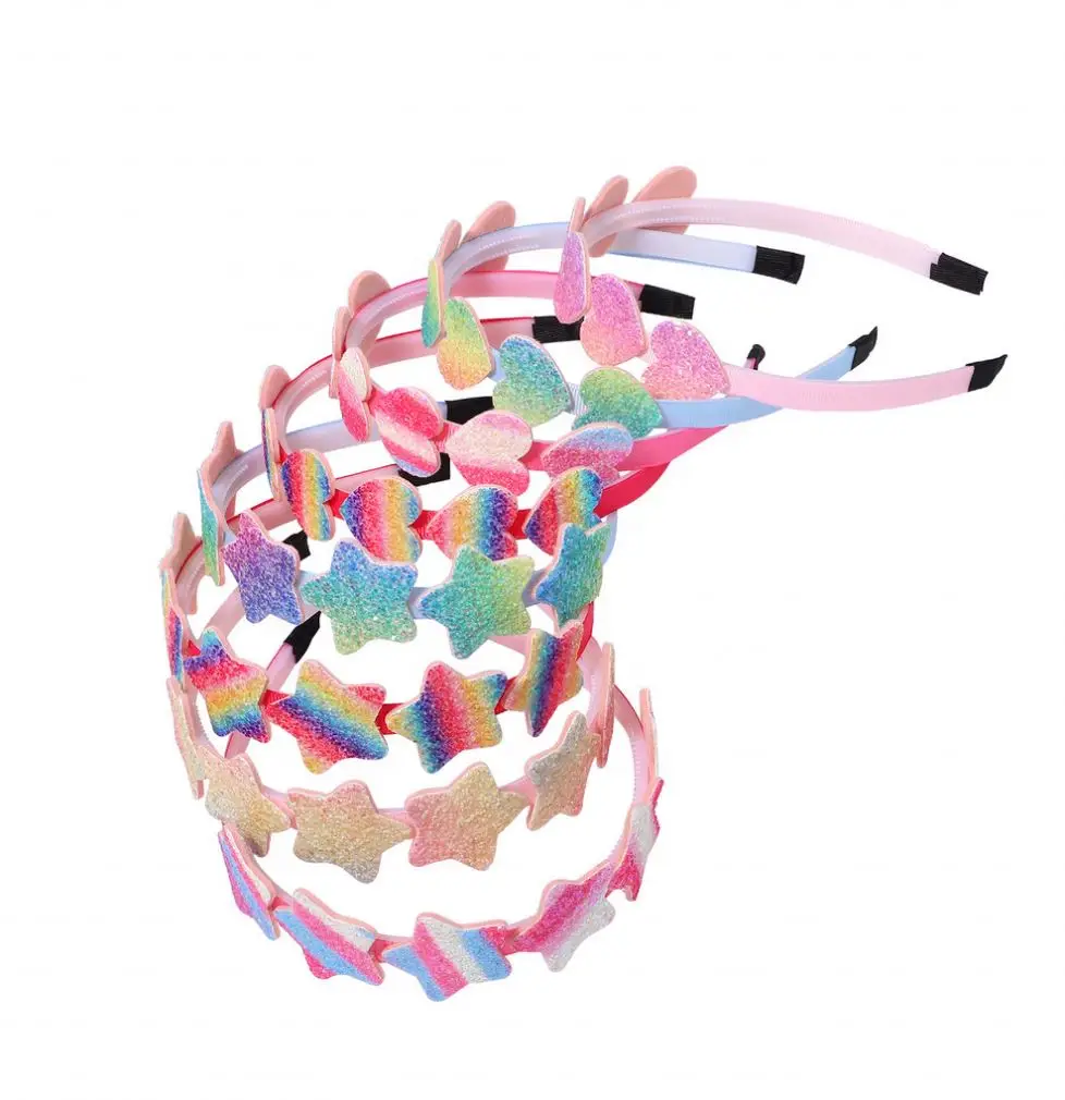 2023 Wholesale Girls Colorful Sequin Heart Hair Bands Kids Gradient Rainbow Stars Glitter Headbands for Party