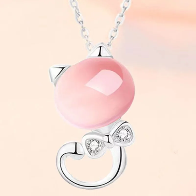 S925 Silver Natural Rose Quartz Crystal Stone Pendant Necklace for Women Gemstone Fashion Jewelry