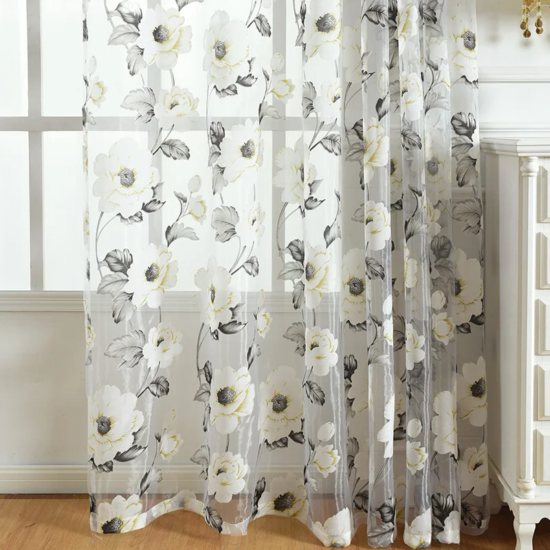 White Floral Gray Sheer Curtains for Living Room Bedroom Modern Tulle Curtains Window Panel Flower Pattern Country Style