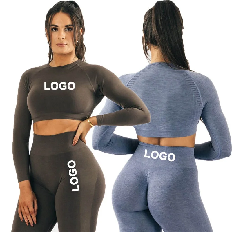 Wholesale Custom Women 3 Pieces Fitness Sets Gym Legging Seamless Fitness Long Sleeve Crop Top Yoga Suit Sportswear