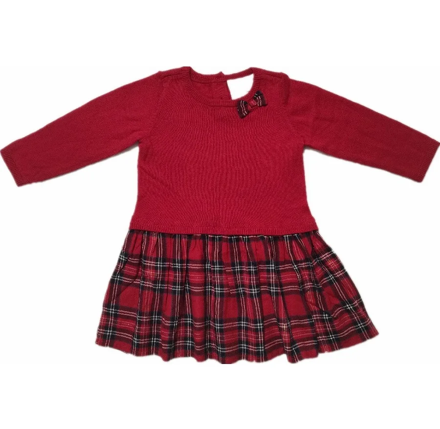 
Knitted Top Checks Woven Hem & Bow Kids Baby Clothes Baby Dress Baby Knitwear 