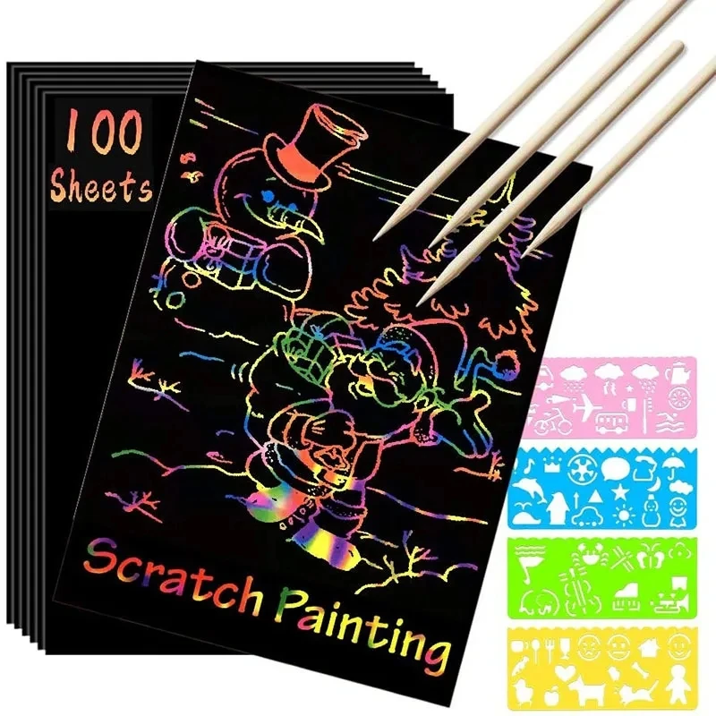 Wholesale A4 DIY Magic Rainbow Color Scratch Art Paper Card Set With Graffiti Stencil Drawing Board Stick Art Painting