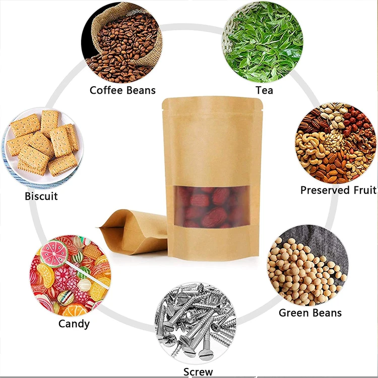 Compostable 100% Biodegradable Kraft Paper Dried Mango Raisins French Fries Food Packaging Snack Bags with Reusable Zipper