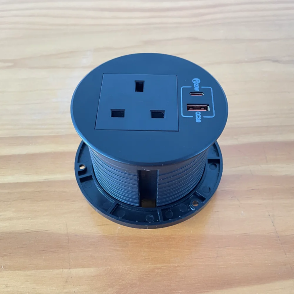 Smart 80mm UK plug recessed mounted smart round grommet socket for desk with 1AC power outlet 20W USB-C fast charger