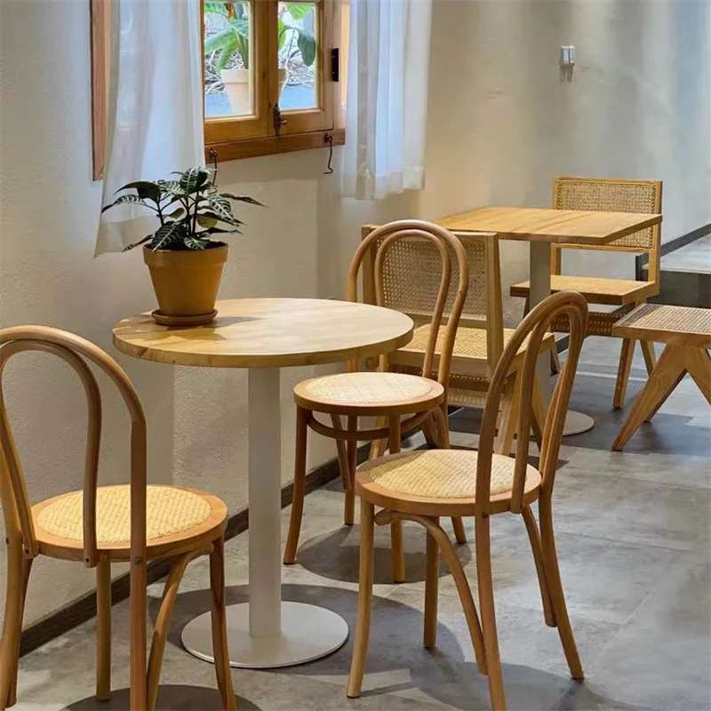 Rattan chair Rattan dining room retro dining chair balcony home Knight American solid wood French dessert shop table and chair