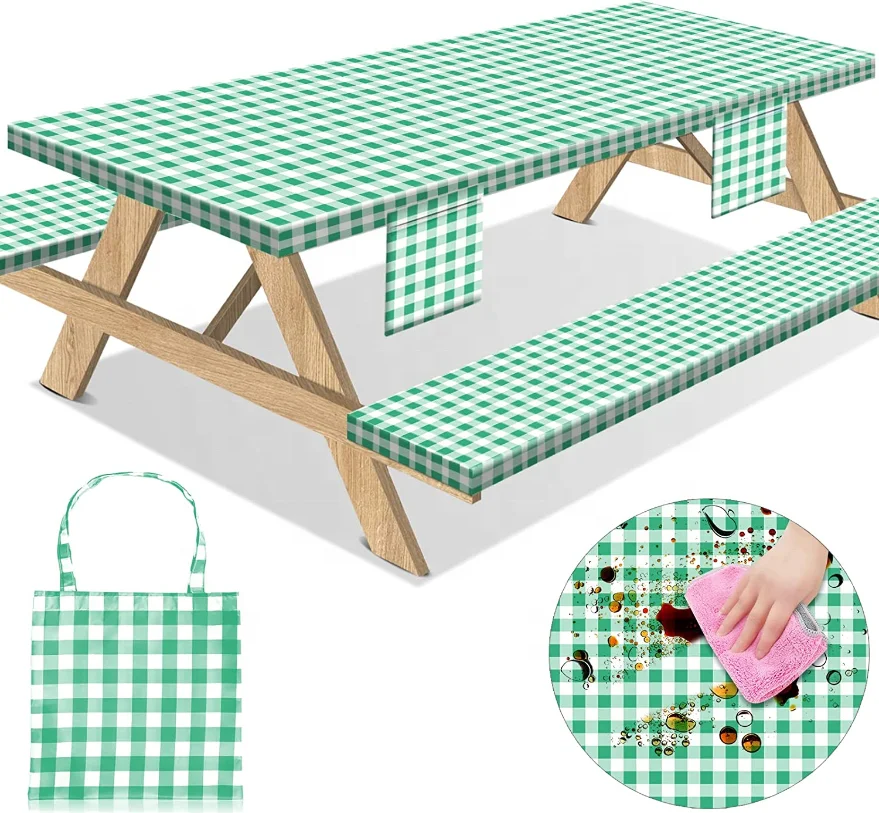 Picnic Table Cover With Bench Covers 3 Piece Set Elastic Fitted Rectangle Vinyl Tablecloths Oilcloth Waterproof For Outdoor