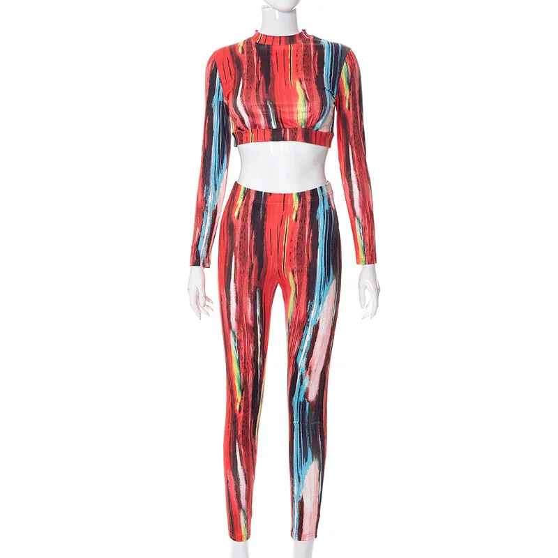 New Trendy Print Bodycon Ins Contrast Strip Woman 2 Piece Fall Outfit 2 Piece Set Women Fall 2 Pieces Set Clothing