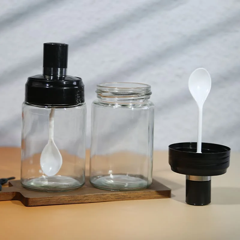 Functional Glass Seasoning Shaker with Spoon for Kitchen and Barbecue