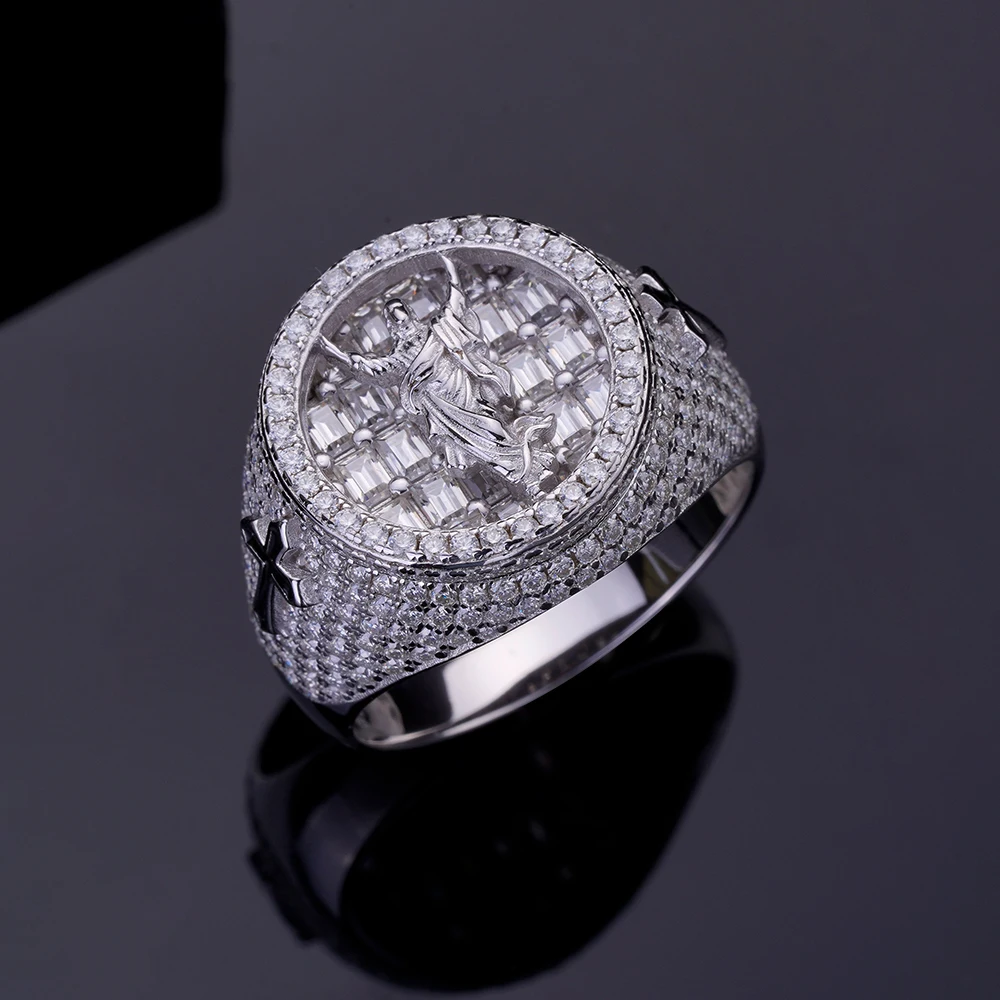 Hip Hop Ice Out Baguette 5A Cubic Zirconia Christian Religious 925 Silver Rhodium Plated Jesus Rings