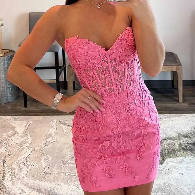 Hot Sweetheart Strapless Appliqued Lace Up Mini Women Dress Strapless Homecoming Short Prom Dress for Party