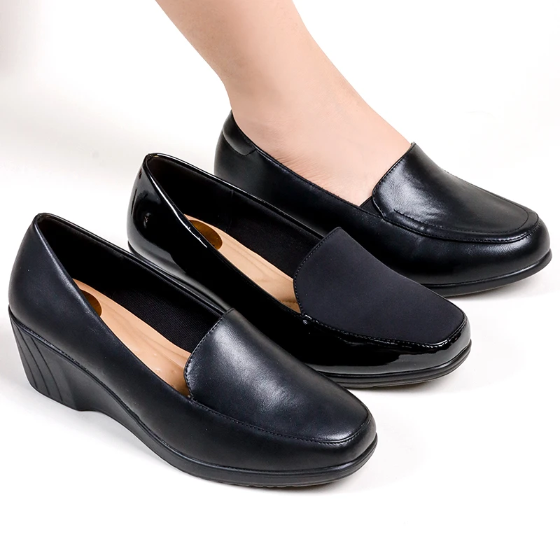 2023 Comfortable Women Round Toe Wedge Heel Pumps Arch Support Solid Black Platform Wedge Hotel Formal Dress Ladies Office Shoes