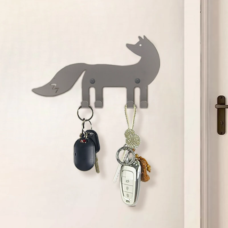 Metal Key Hanger Wall Decorative Fox Key Rack Organizer Self Adhesive Keychain Holder with 4 Key Hooks
