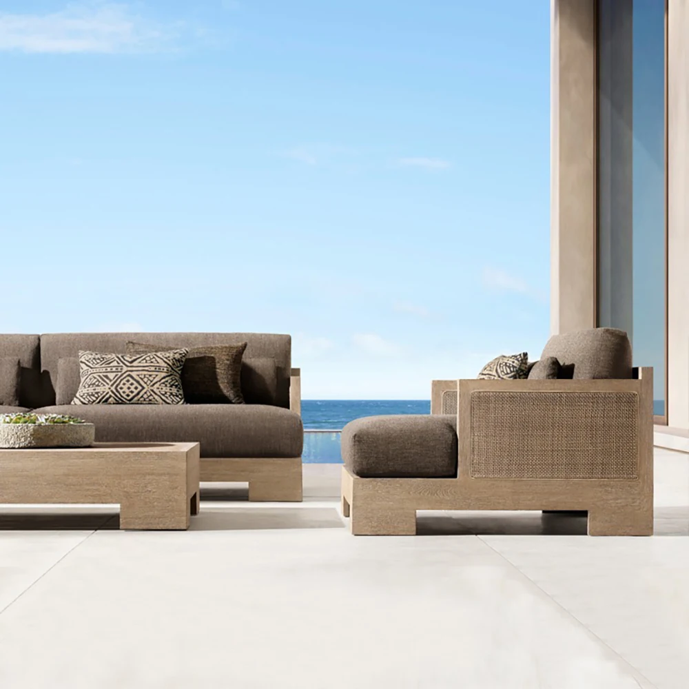 Patios Outdoor Garden Furniture Teak Wood and Cane Sectional Sofa Set for Living Room Restaurant Beach with Fabric Material
