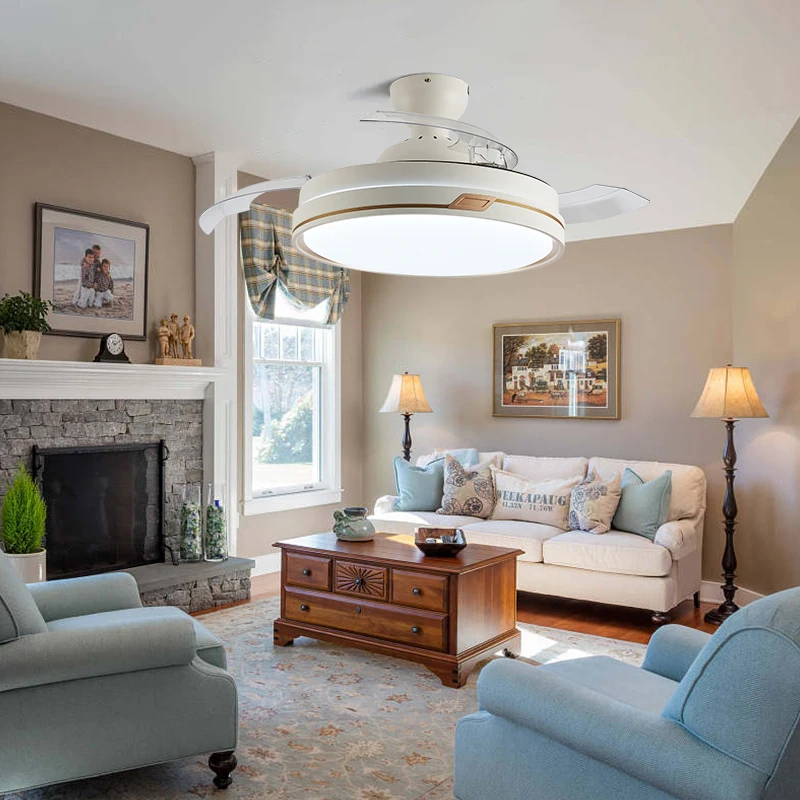 42 Inch Modern LED Ceiling Fan Light Retractable Blades 3 Color Change 6 Speeds Chandelier Remote Control