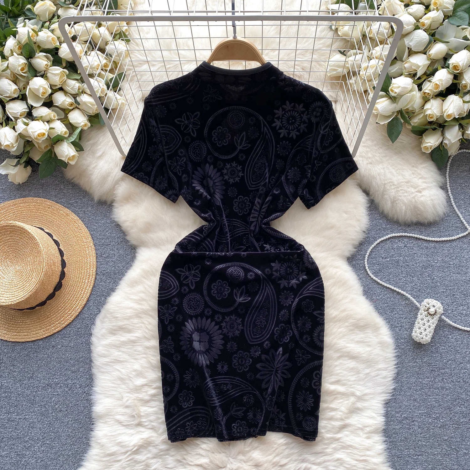 Summer Y2K Mandarin Collar Slit Sheath Hip Dress For Women Short Sleeve Lace Dresses Ladies Retro Dresses Clothes Women