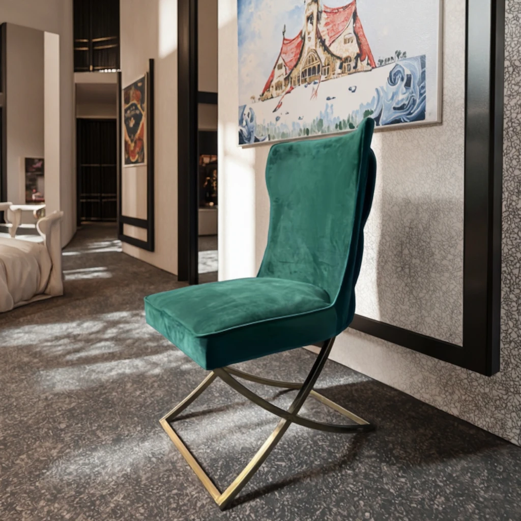 Современный бархатный стул с высокой спинкой обеденный синей перекрестной ножкой из нержавеющей стали застегнутой для квартиры тренажерного зала деревянный PP