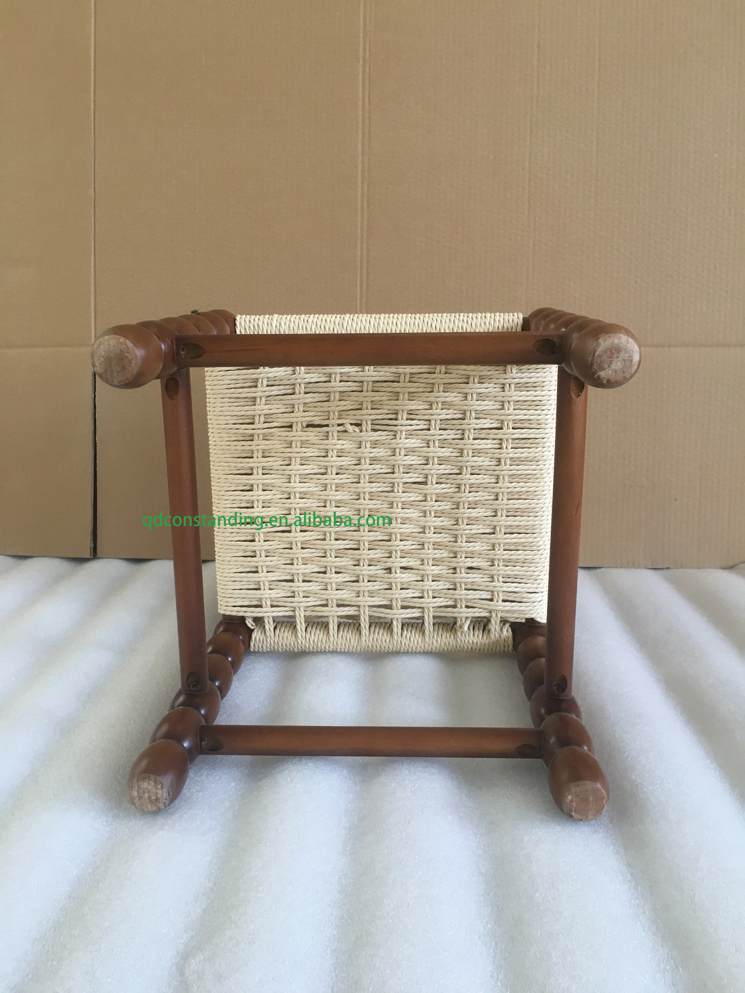 Children High Back Small Portable Modern Wooden Paper Cord Woven Seat Kids Stool