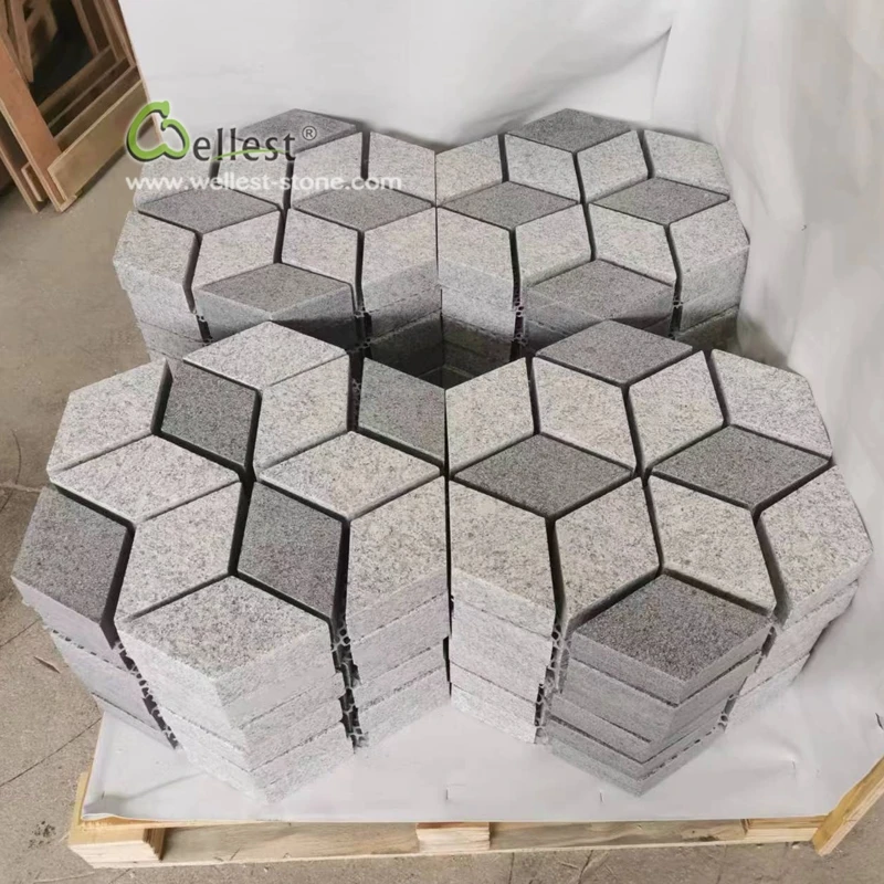 supply golden supplier natural stone grey pattern 3D design granite cobbles stone driveway paver on mesh, plaza paving stone