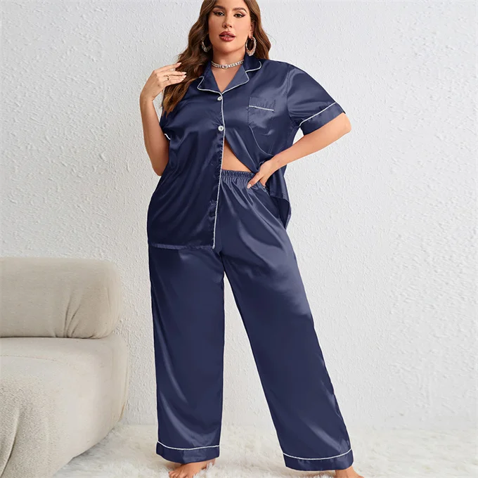 High quality Women pajama sets short sleeve loungewear Plus size silk satin pajamas set